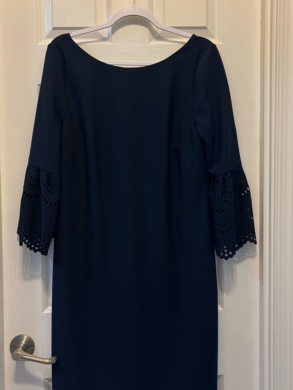 Jessica Howard Navy Sheath Dress with Laser-Cut Bell Sleeves